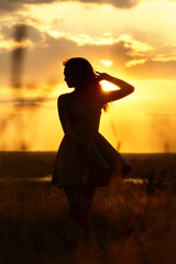 silhouette of a beautiful dreamy girl in a dress at sunset in a field, a young woman with her hair is enjoying nature,