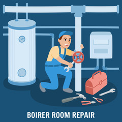 Boiler Room Repair. Vector Illustration.