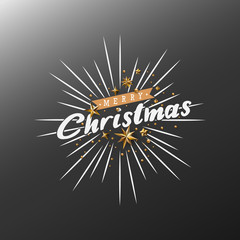 Merry Christmas Calligraphic Design and Decorated with Golden Stars and Beads and pyramid on dark grey background
