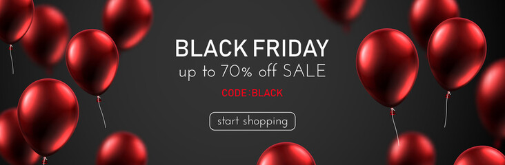Black friday sale promotion banner with red shiny balloons.