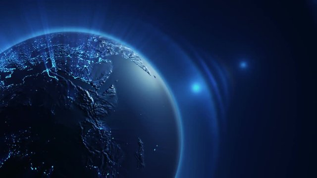 Animation of rotating Earth globe with view from cosmos. Realistic texture and lights on Globe surface. Satellites, lines and light beams. Animation of seamless loop.