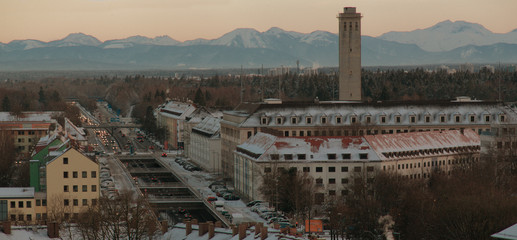 View across Münich suburb towards the Alps