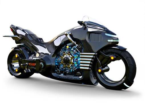 Futuristic angled light cycle. Motorcycle is on an isolated white background. 3d rendering