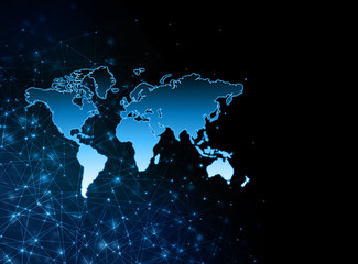 World map on a technological background, glowing lines symbols of the Internet, radio, television, mobile and satellite communications.
