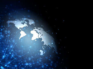 World map on a technological background, glowing lines symbols of the Internet, radio, television, mobile and satellite communications.