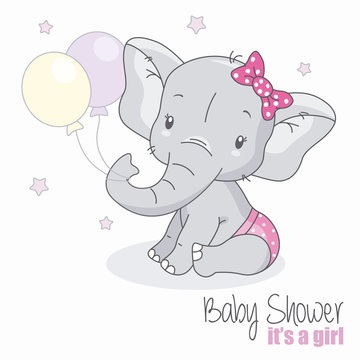 baby shower girl. Cute elephant with balloons.