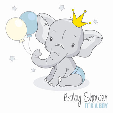 baby shower boy. Cute elephant with balloons. 