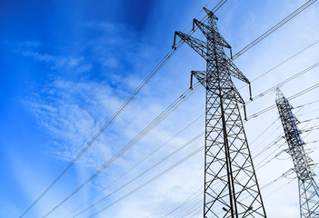 high voltage post.High-voltage tower sky background.