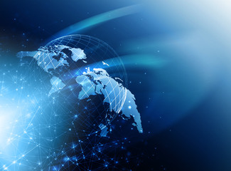 World map on a technological background, glowing lines symbols of the Internet, radio, television, mobile and satellite communications.