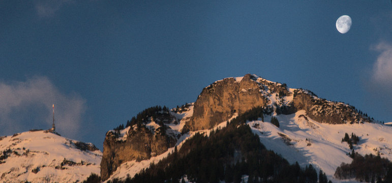 Moon over the Hoher Kasten from R&uuml;this SG, Swiss Alps