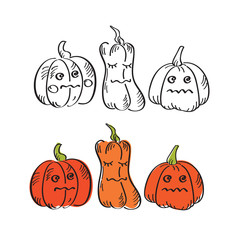 Happy Halloween elements. Set of hand drawn pumpkins. Vector illustration.