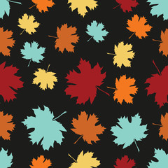 Seamless pattern with autumn maple leaves.  Blue, yellow, orange and red eaves on dark background. Vector illustration
