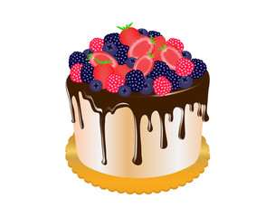 Illustration of a beautiful chocolate cake covered with lot of fruits