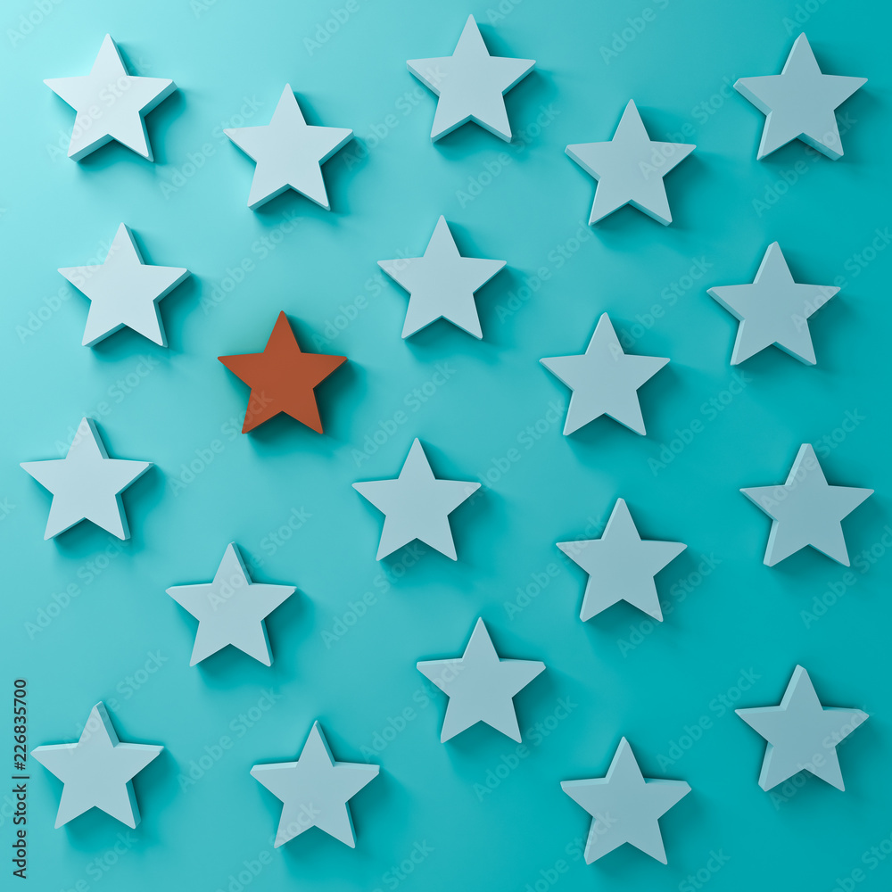 Aufkleber stand out from the crowd and different creative idea concepts one red star standing among other whit