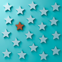 Fototapeta premium Stand out from the crowd and different creative idea concepts One red star standing among other white stars on dark blue green pastel color background with shadows 3D rendering