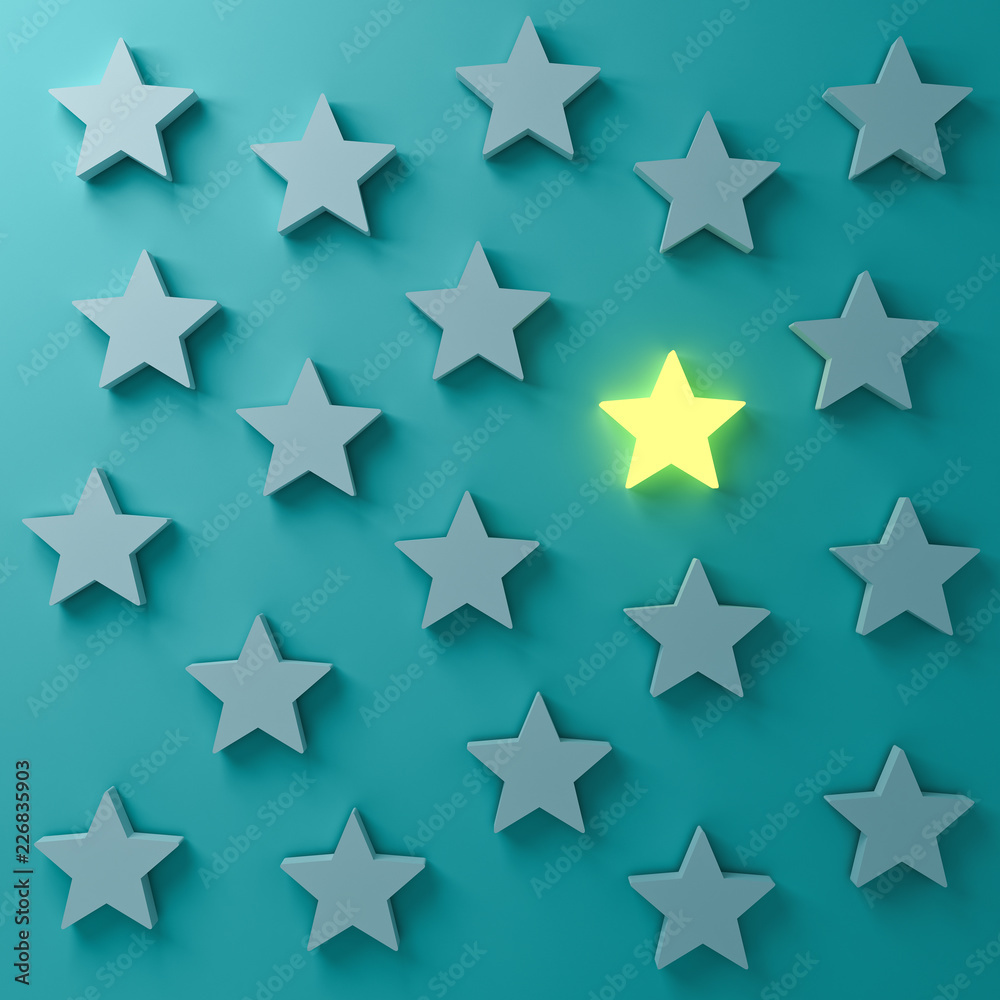 Aufkleber stand out from the crowd and different creative idea concepts one glowing star standing among other 