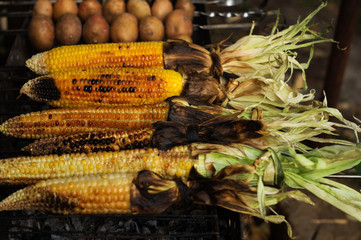 Baked corn and potatoes on the grill