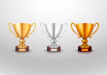 Winner cup gold silver bronz sign set, object collection. Vector illustration