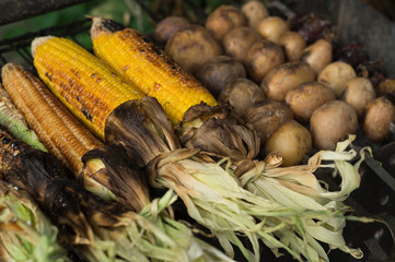 Baked corn and potatoes on the grill