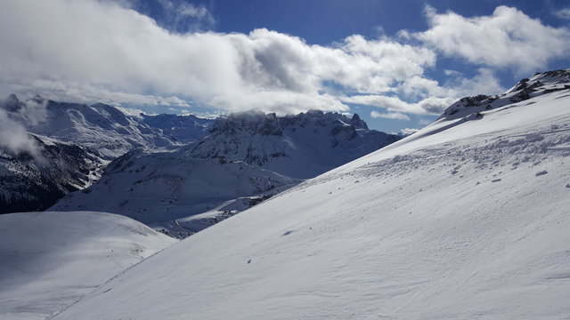 Image of ski resort in the winter with snow covered mountains and slops