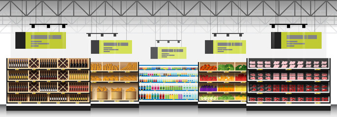 Interior scene of modern supermarket with products background , vector , illustration