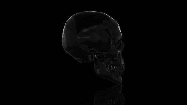 4K Skull animation with reflection on black mirror