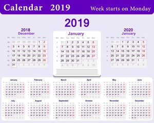 Calendar grid for 2019 in English language. Wall template in blue. Week starts from Monday and from December of previous year 2018 and January next 2020. Includes the week numbers