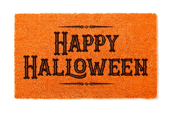Happy Halloween Orange Welcome Mat Isolated on White Background