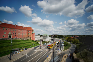 Bus and train traffic moving through the city