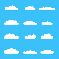 Clouds icon set. Different cloud shapes isolated on the blue sky background.