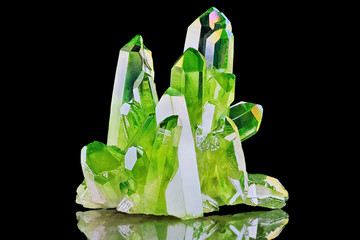 Rare shiny Green Quartz Titanium Aura Crystal cluster on black background