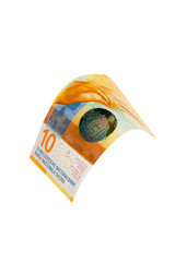 Flying Swiss money - 10 francs note isolated with clipping path