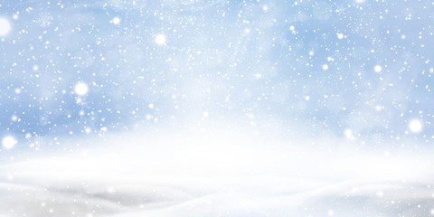 Natural Winter Christmas background with blue sky, heavy snowfall, snowflakes in different shapes and forms, snowdrifts. Winter landscape with falling christmas shining beautiful snow.