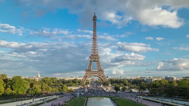 Eiffel Tower time lapse by day with clouds, aerial view from Trocadero, Paris, France