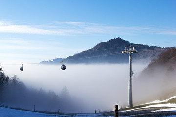 Cable Car in the foggy winter morning over the Alps Weissenstein mountain,  Solothurn, Switzerland