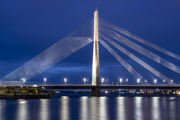 Cable bridge in Riga Latvia, night view of vansu bridge	