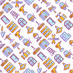 Construction seamless pattern with thin line icons: builder in helmet, work tools, brickwork, floor plan, plumbing, drill, trowel, traffic cone, stepladder, jackhammer. Vector illustration.
