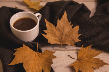 Café caliente con unas hojas de árbol 