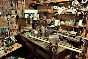 Table and tools in the garage workshop