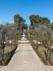 Path in Garden of Roses in Buen Retiro Park, in Botanical Garden in Park of Retiro. Madrid, Spain.