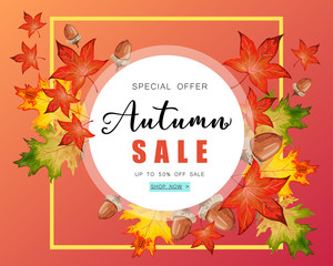 Circular banner for Autumn sale with fall leaves.