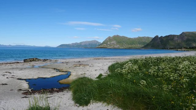 Coast of Gimsoya island in summer. Sea with mountains. Nordland county, Lofoten archipelago Norway. Tourist attraction