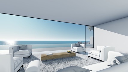 Fototapeta na wymiar 3d render modern pool sea view terrace living in modern style left view