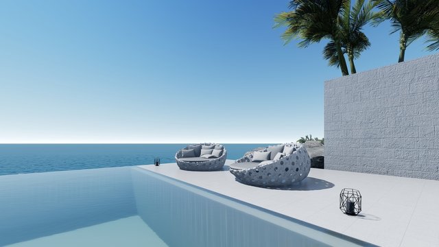 3d render modern pool sea view terrace living in modern style  relax zone