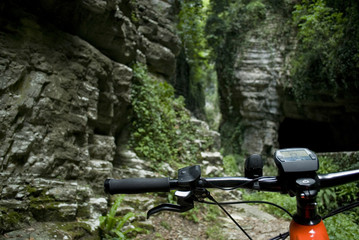electric bike, e-bike, ebike, mtb, mountain, rock canyon created by a river, forest, summer, sport, adventure, freedom, alps, Path called 