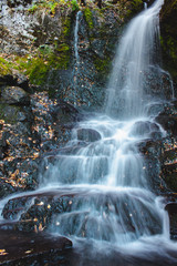 Landscape mountain river in autumn forest at sunlight. Fast jet of water at slow shutter speeds give a beautiful magic effect.