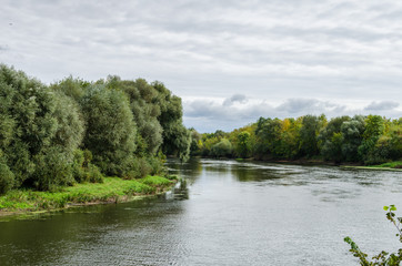 Fototapeta na wymiar The banks of the Desna River. The bed in the foreground with trees. Beautiful river landscape
