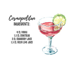 Cosmopolitan cocktail watercolor illustration with ingridients list, isolated on white background. For menu design, books and promo materials