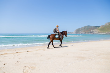 Man riding a horse at the beach at the atlantic ocean