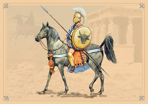 Greek rider.  Hoplite horseback. Handmade historical illustration.